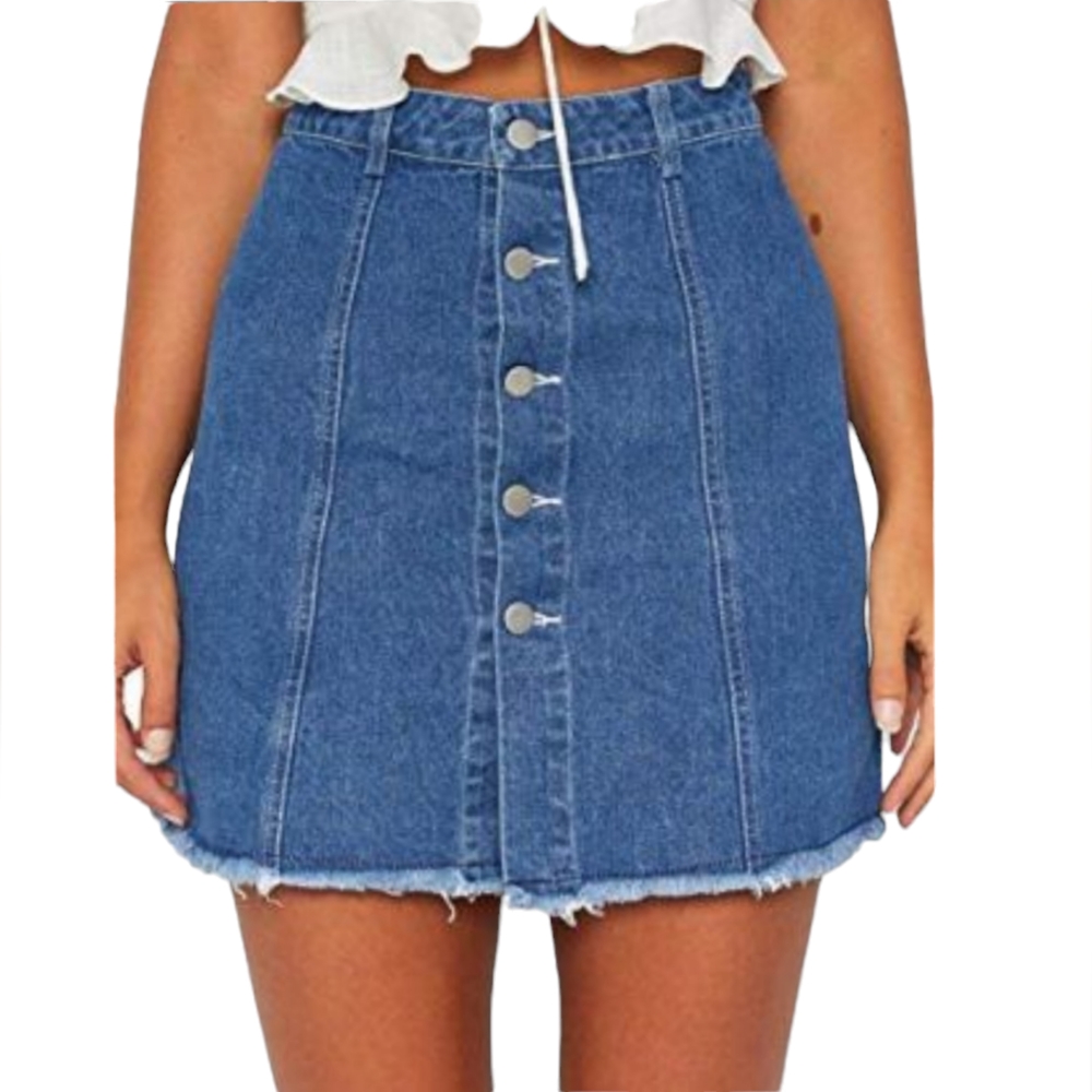 Forever 21 Denim Skirt Womens Size 28 Blue Button Front Frayed Hem Mini Skirt